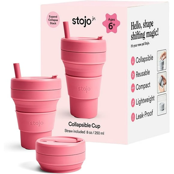 STOJO Jr Collapsible Travel Cup with Straw for Kids - Peony Pink, 8oz / 250ml - Leak-Proof Reusable to-Go Pocket Size Silicone Bottle for Hot & Cold Drinks - Camping & Hiking - Dishwasher Safe