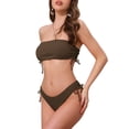 thumbnail image 4 of Women's Bandeau Drawstring Side Tie Ribbed Bikini Sets 2 Piece Strapless Top Triangle Bottom Swimwear Bathing Suits 2 Sets X-Large Black, Brown, 4 of 5