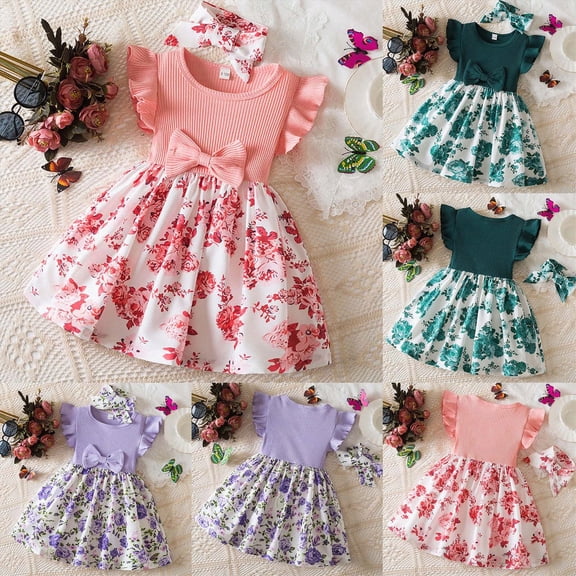 mgoYE Baby Girl Dresses 3-6 Months Baby Girl Dress Sleeveless with Bow Floral Dresses for Play Party Birthday Casual(Purple,12-18 Months)