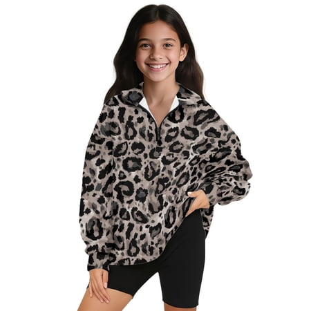 COEQINE Girls Quarter Zip Sweatshirt Pullover, Loose Fit Long Sleeve Fall Tops with Collar, Soft Polyester Fashion Top for Ages 5-6 Machine Washable, Gray Leopard Print