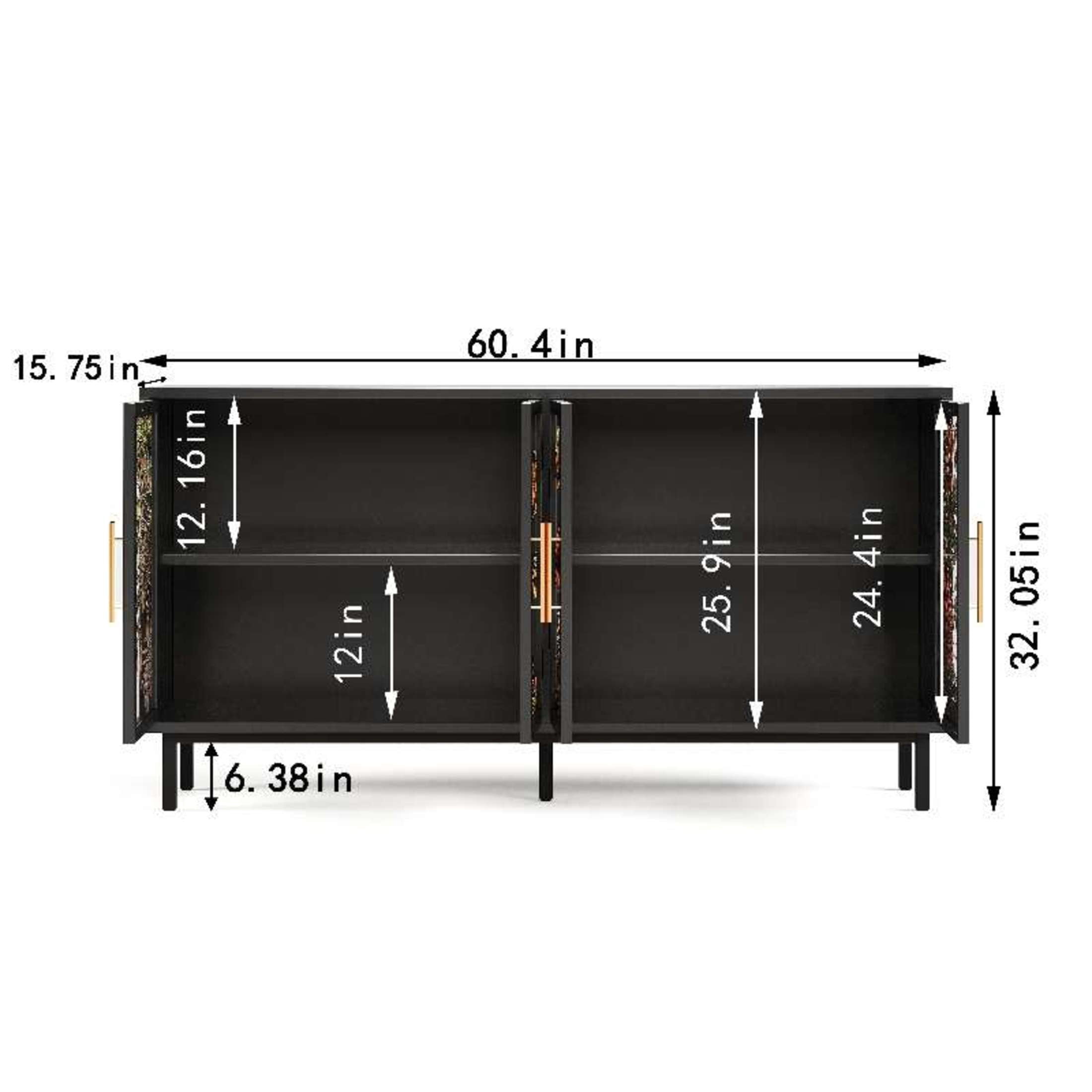 Noble House 60.4" Wooden Buffet Cabinet with Tropical Plant Glazed Glass Doors, Retro Storage Console Table, Black