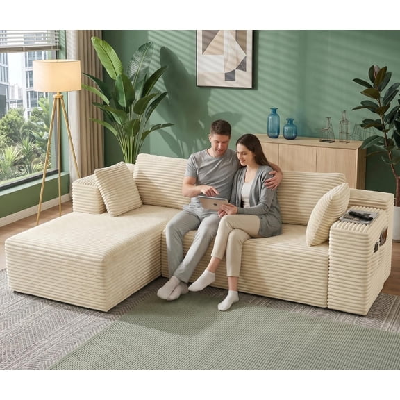 Sofa Bed, Gizoon 105" Sofa Lounge with Deep Seat & Memory Foam Cushion in Corduroy for Living Room, Beige