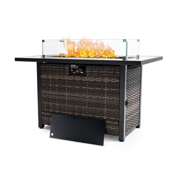 Outdoor 50,000 BTU Propane Gas Fire Table with Lid Fireplace with Glass Wind Guard Wicker Base for Garden, Patio, Backyard