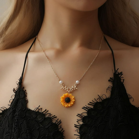 pstuiky Women's Necklace, Women Yellow Gold Plated Sunflower Leaf Branch Pendant Long Necklace Cross Necklaces for Men Custom Necklaces for Women Flash Sale