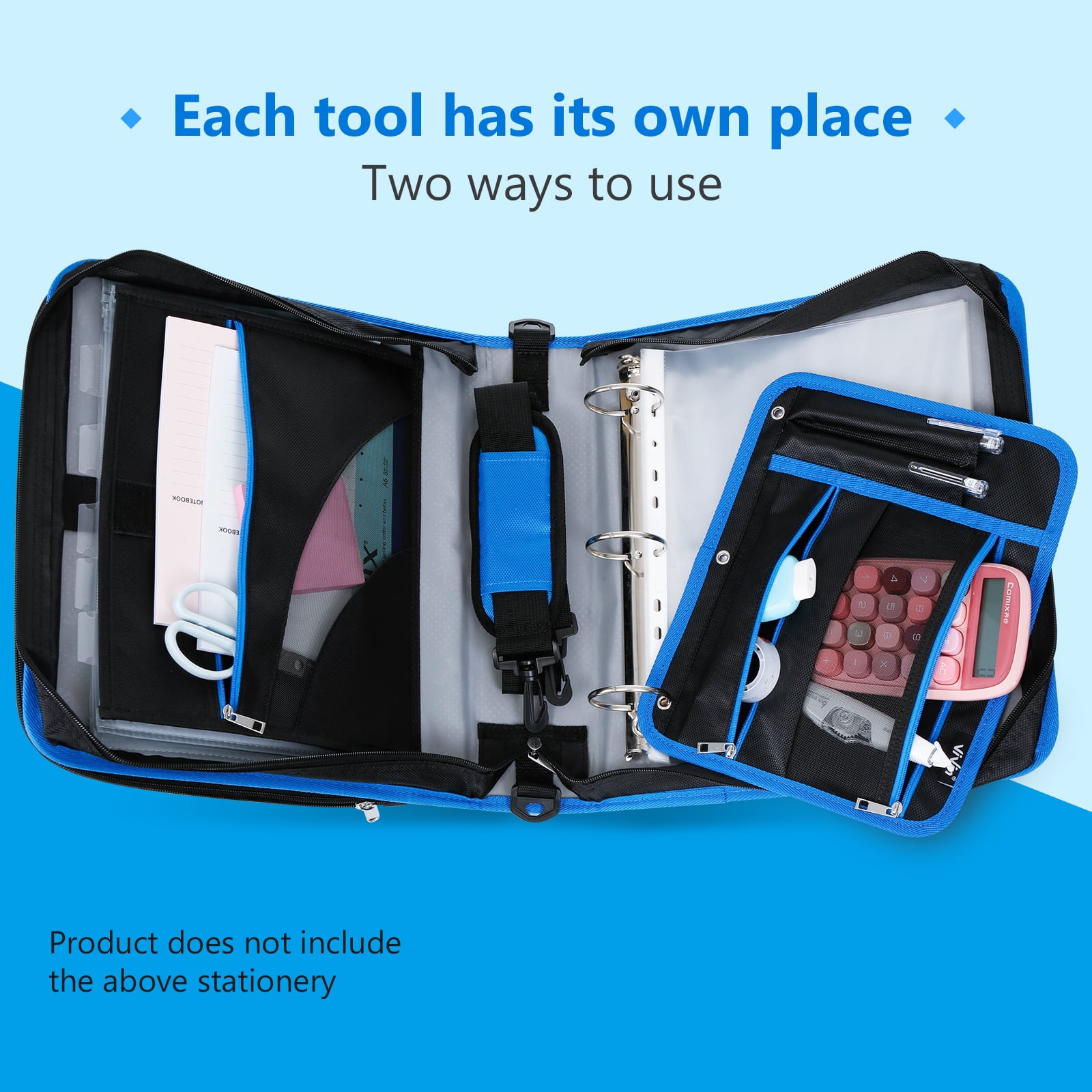 ViVin Zipper Binder 2 Inch O-Ring 450 Sheet Capacity, Multiple Tap Zip Pockets, Office Supplies, Blue