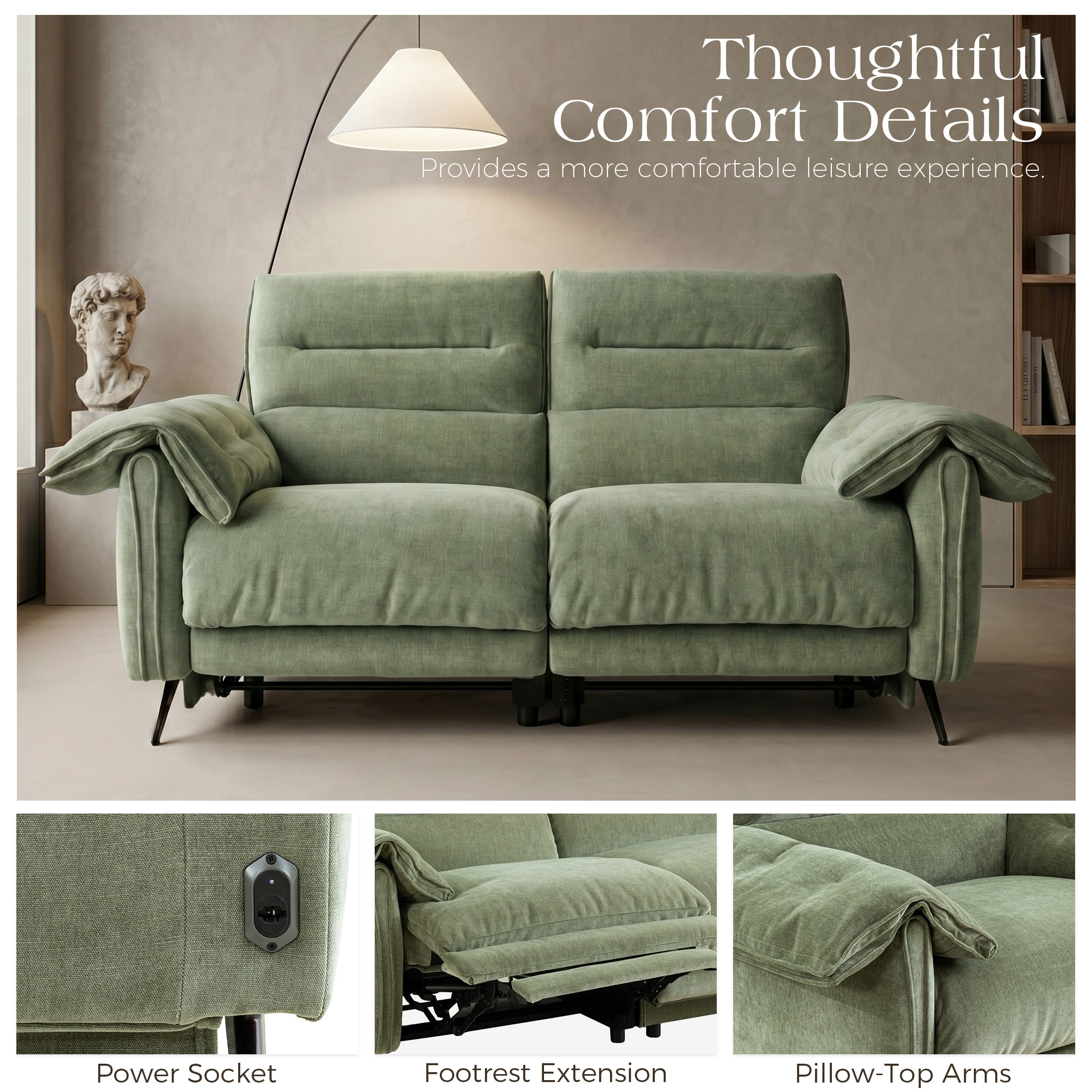 Aenkyo 66" Oversized Power Reclining Loveseat with USB Ports and Footrest, Green