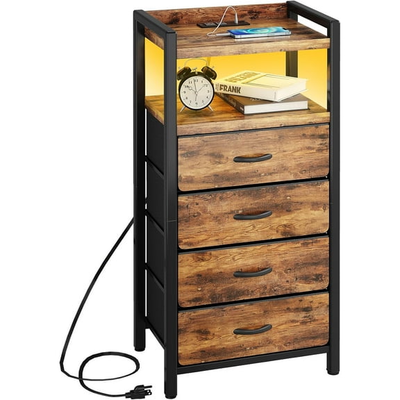 Night Stand with Charger Station and LED Light Rustic Brown Nightstand with Drawers Bedside Table Tall Nightstand 4