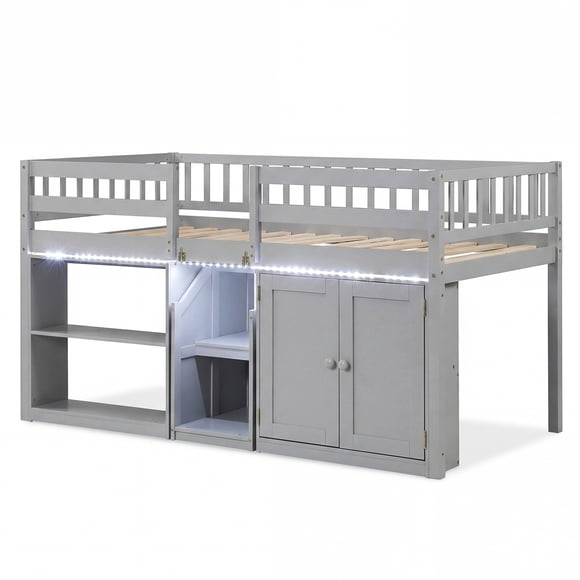 Costway Low Loft Bed with LED Light, Stairs & Guardrails, Modern Wood Kids Twin Bed Gray