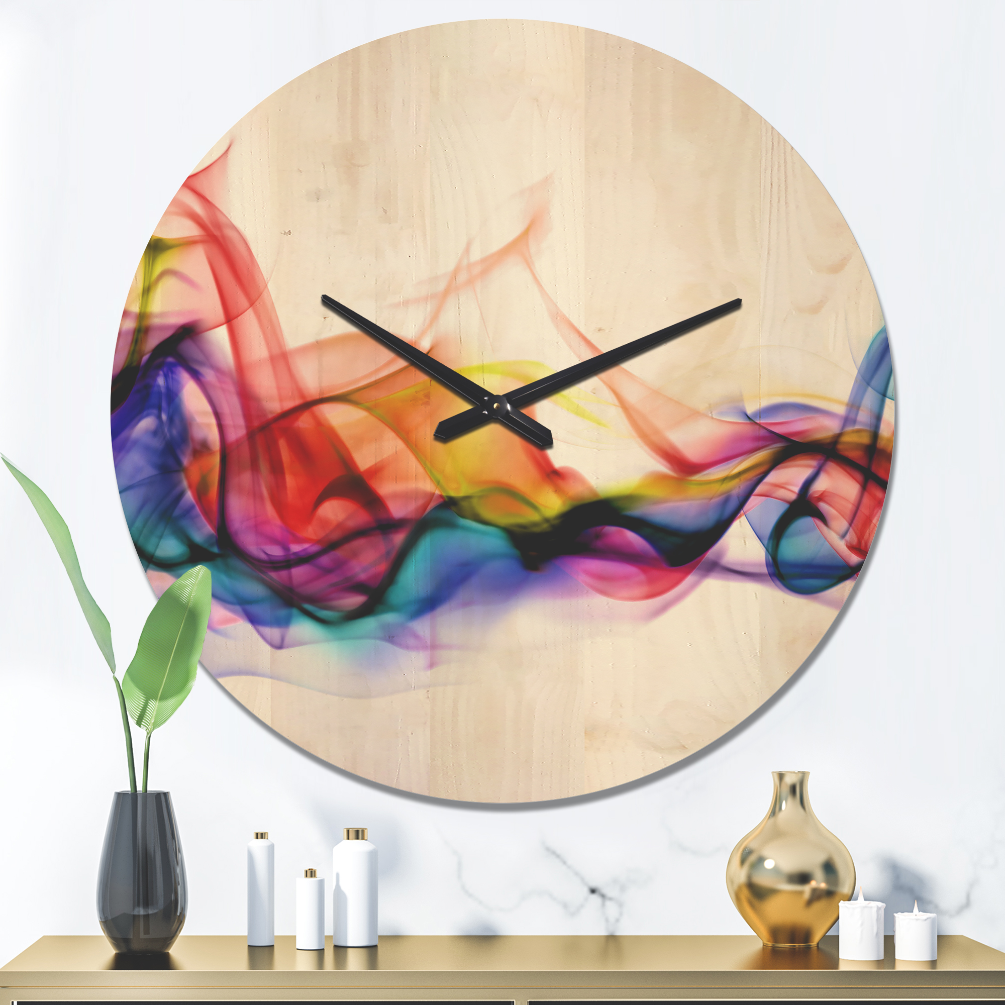 Designart 'Abstract Red Blue and Gold Smoke ' Modern Wood Wall Clock