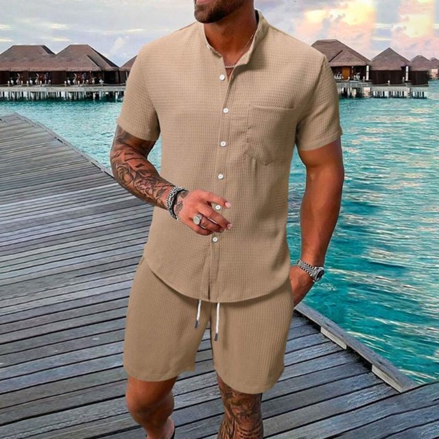 Weiqiqre Men's Short Sets 2 Piece Outfits Button Down Linen Shirts and Short Sets Summer Beach Outfis
