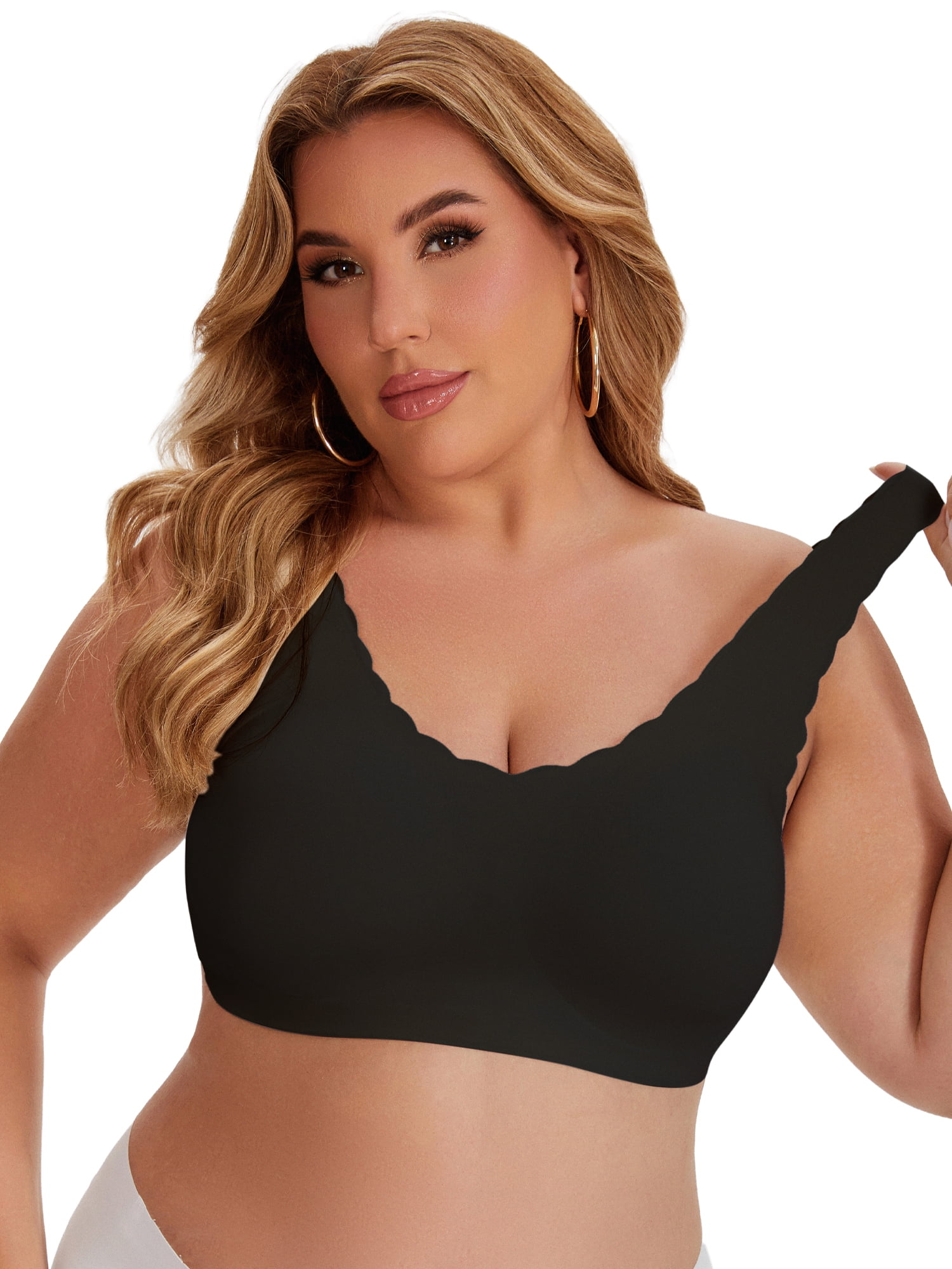 DARING DIVA Women's Plus Size Bras Waved Edge Wireless Push Up Tshirt Bralettes 3XL Black