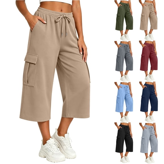 BUIGTTKLOP Womens Capri Pants Baggy Cargo Wide Leg Cropped Sweatpants Drawstring Casual Jogger with Pockets