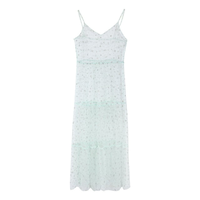 Fortune Robe Longue en Tulle à Bretelles Spaghetti pour Femmes, Robe en Maille Transparente Plissée