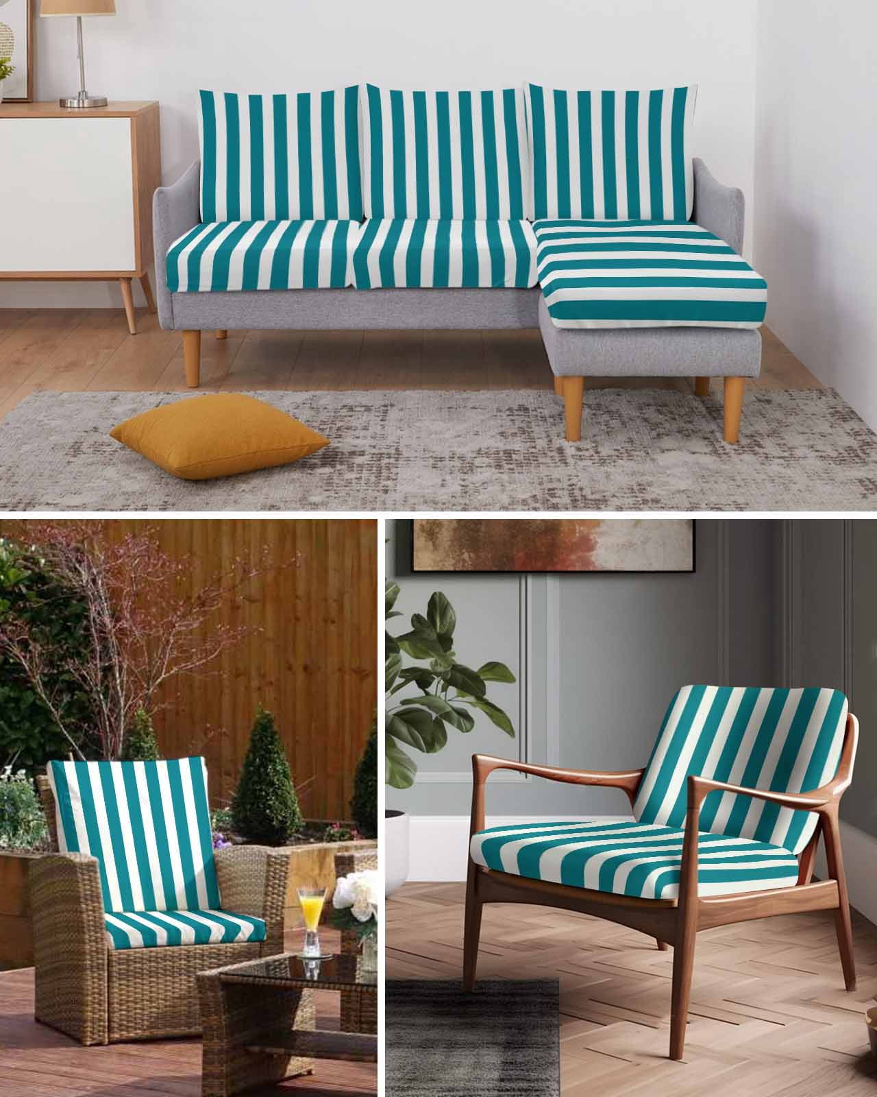 Teal Striped Couch Cushion Covers,Stretch Seat Cushion Covers for Sectional Sofa,Simple Art Vertical Stripe Farmhouse Individual Sofa&nbsp;Slipcovers Furniture Protector with Elastic&Straps 1Pcs,S