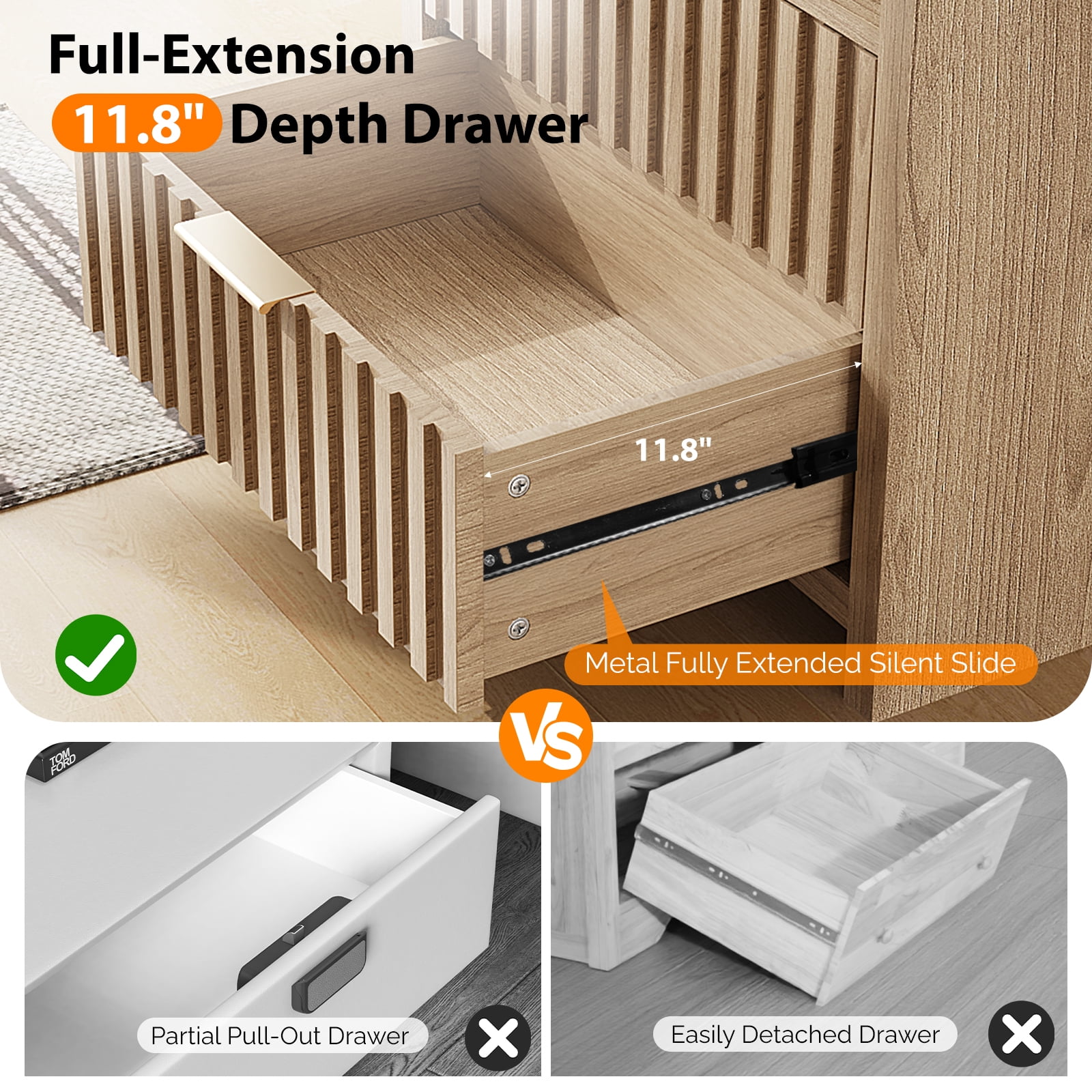 Astoutdoor 2-Drawer 1-Shelf Bedside Table, Light Gray Wood, 23.6 x 15.6 x 25.2 in
