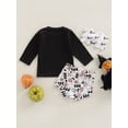 thumbnail image 4 of Bagilaanoe 3pcs Newborn Baby Girl Halloween Outfits Long Sleeve Letter Print T-Shirt Tops + Ghost Pumpkin Print Shorts + Headband 6M 12M 18M 24M Infant Casual Short Pants Set, 4 of 8