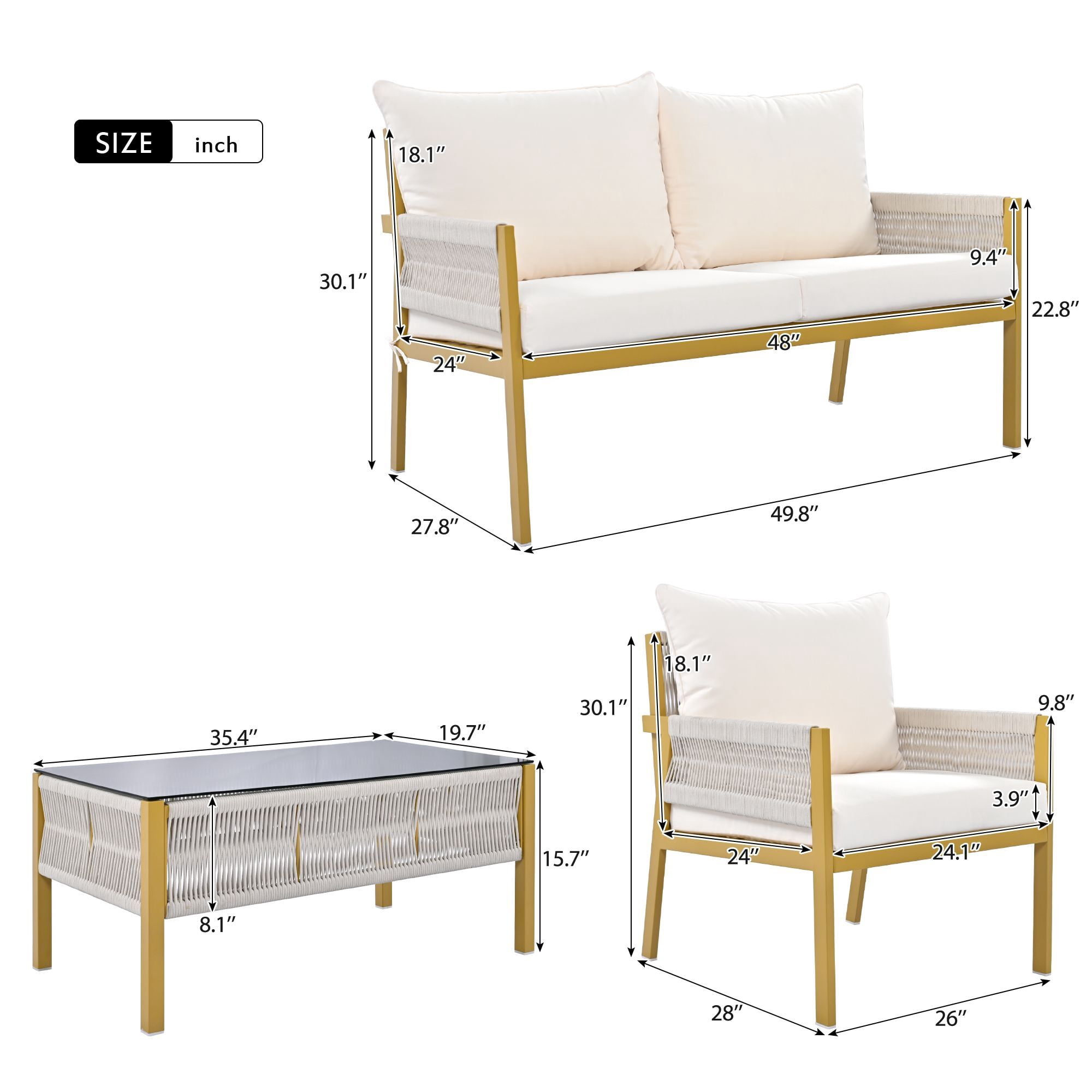 DEALTOPS 4-Piece Rope Patio Furniture Set, Outdoor Furniture with Tempered Glass Table, Patio Conversation Set Deep Seating with Thick Cushion for Backyard Porch Balcony-Beige&Mustard Yellow