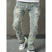 LOVZFMLL Jeans Men's Light Blue Quilting Ripped Jeans Zipper Wash Elastic Trend Outdoors Denim Trousers