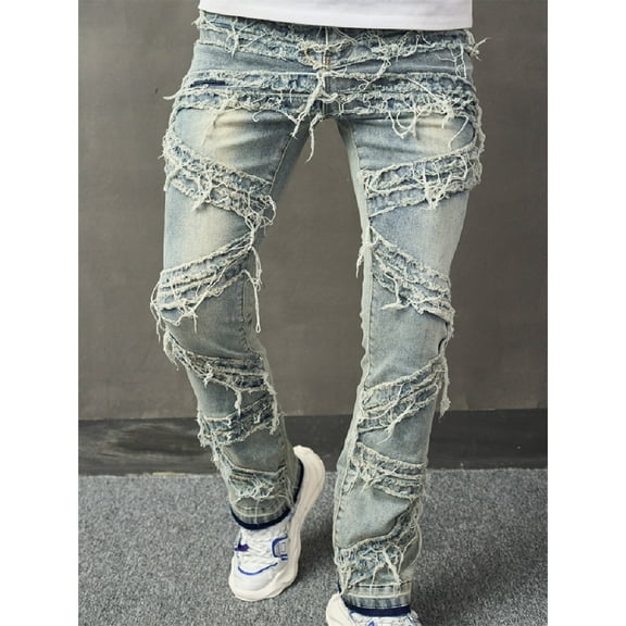 Mens Baggy Jeans for Men Light Blue Quilting Ripped Jeans Zipper Wash Elastic Trend Outdoors Trousers Light Blue1 M Denim Pants for Men