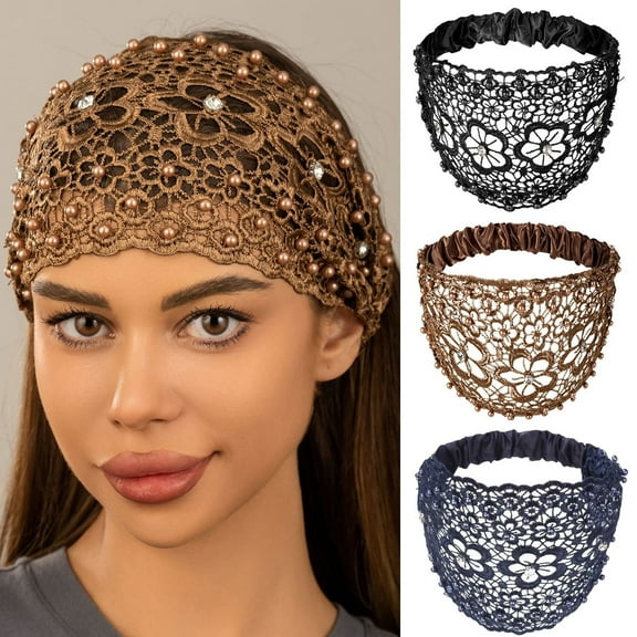3 Pcs Lace Headbands for Women, Wide Floral Pearl Lace Elastic Headbands Hair Accessories for Women Fashion