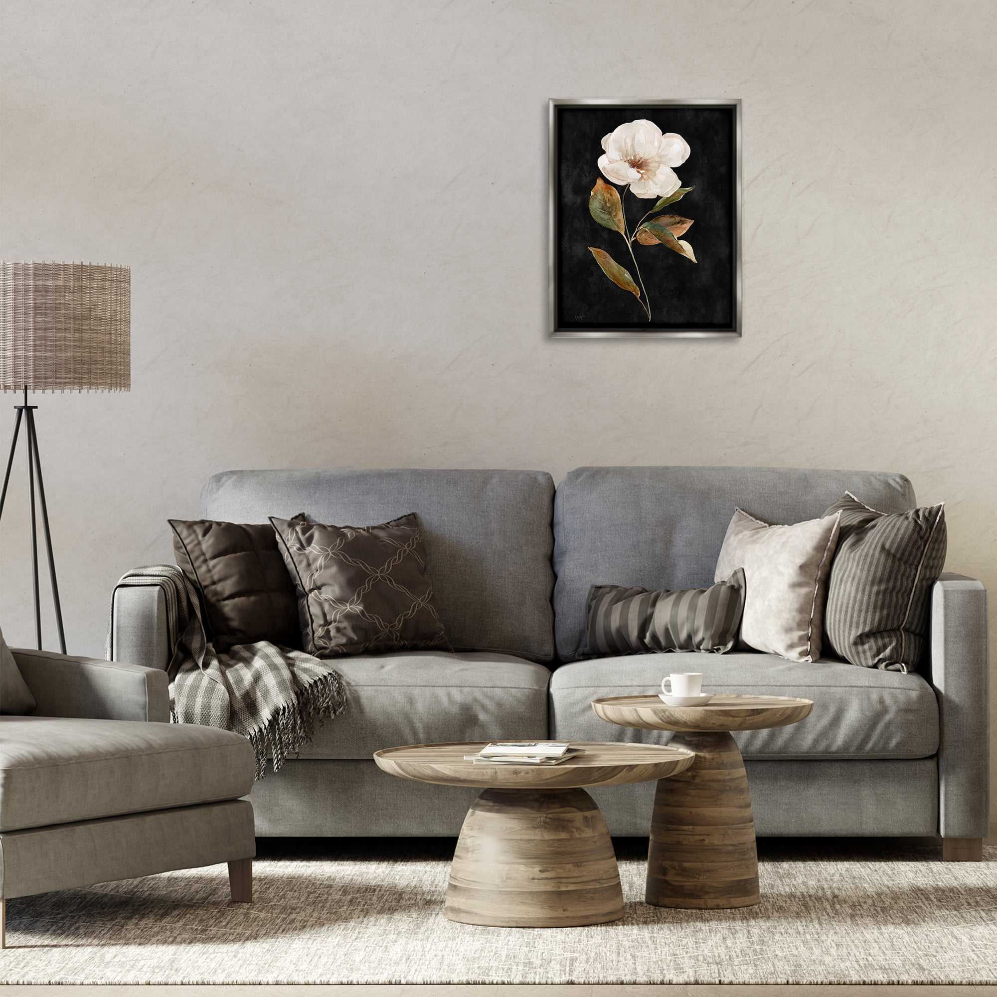 Stupell Industries White Bloom on Black Plants & Flowers Painting Gray Floater Framed Canvas Art Print Wall Art, 17 x 21