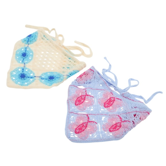 Unique Bargains 2 Pcs Triangle Bandana Butterfly Sunflower Knitted Turban Crochet Hair Scarf for Women Blue Purple Beige