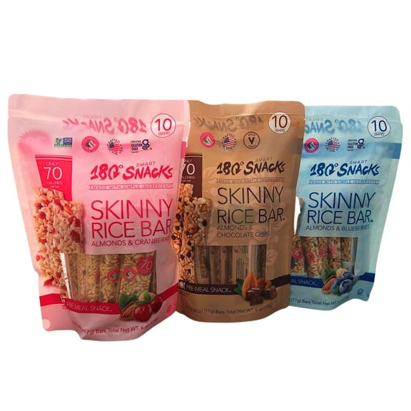 180 Snacks Skinny Rice Bar Variety Pack of 3, 30 Total Low Calorie Gluten Free Snack Bars, Almond and Cranberries Chocolate Chips Blueberries