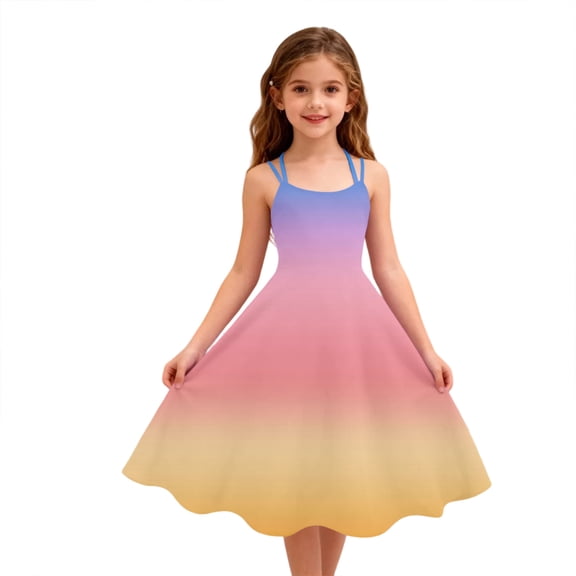 Abcomgle Summer Dress for Girls 14-16 Casual A-Line Sleeveless Midi Dress Spaghetti Strap Beach Gradient Swing Skirt for 4-14t Kids,Pink,7-8Years