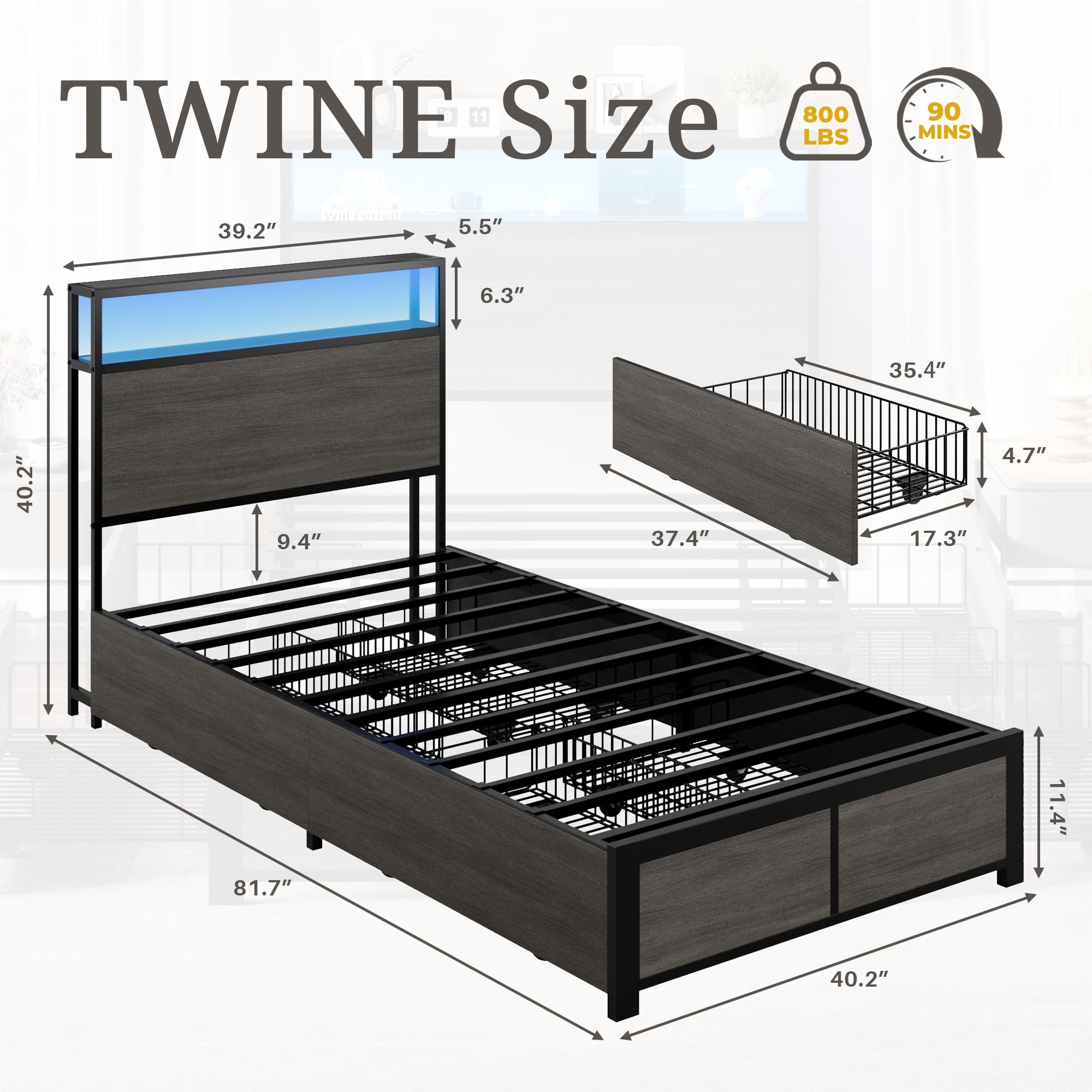 Bolvdo Twin Bed Frame with Two-Tier Storage Headboard, USB Port and LED Light, Four Storage Drawers, Grey