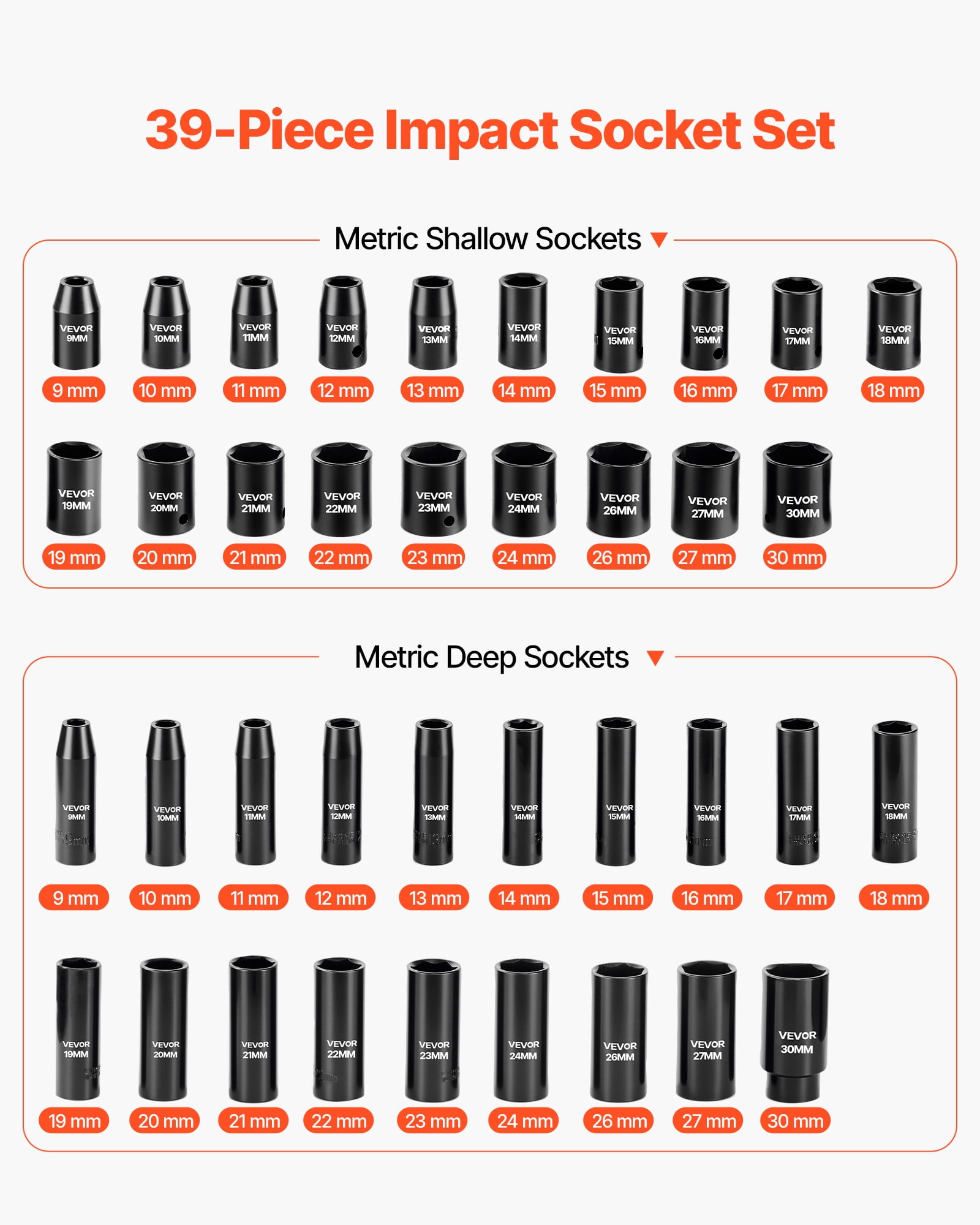 VEVOR 1/2 in Drive Impact Socket Set, 39 Piece, 6 Point Deep & Shallow Impact Sockets, Metric 9 to 30 mm, Cr-V Steel High Durability, with Universal Joint, Dual Size Markings,Heavy Duty Carrying Case