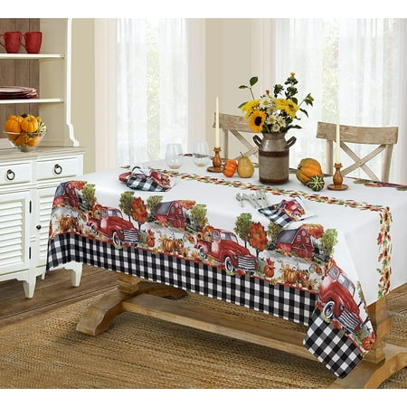 

Newbridge Autumn Farm Truck Gingham Bordered Thanksgiving Fabric Tablecloth - Fall Pumpkin Harvest Barn Easy Care Tablecloth 52” x 52” Square