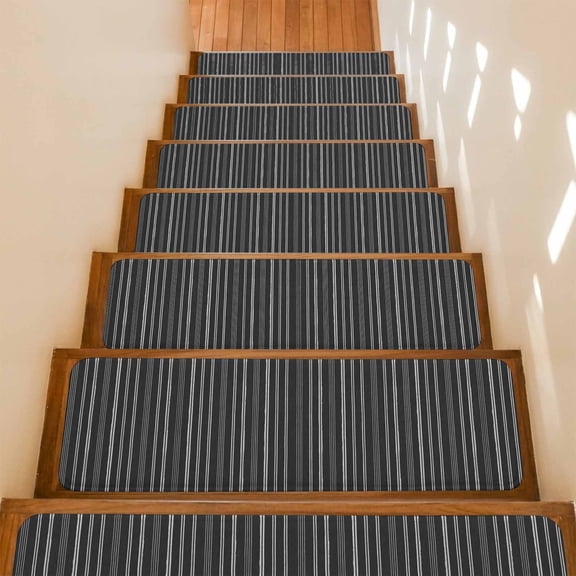Black Striped Stair Treads Non Slip for Steps Farmhouse Stripes Modern Vintage Abstract 10 Pcs Reusable Adhesive Stair Runner Mats for Dogs Elders Carpet Treads Rugs for Staircase 8x30 In