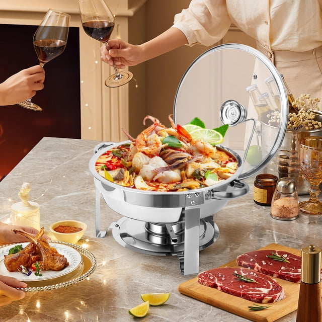 GloryStar Ensemble de 2 Plats Anti-Frottement pour Buffet, Plats Ronds de 5 Qt pour Buffet avec Support de Couvercle et Couvercle en Verre, Ensembles de Réchauds et Réchauds de Buffet en Acier Inoxydable pour Fêtes, Mariage, Camping, Souper