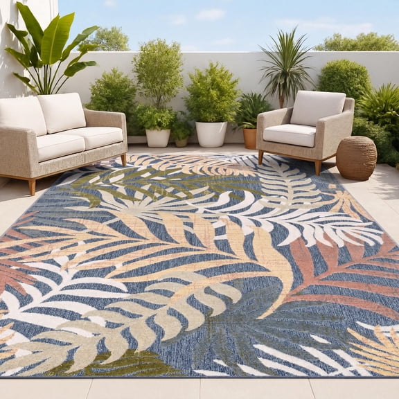 JONATHAN Y Tropics Palm Leaves Indoor Outdoor Area Rug 8x10 Dark Blue/Multi, Boho for Backyard, Patio, Porch, Easy-Cleaning, High Traffic, Pet-Friendly, Non-Shedding (AMC100E-8)