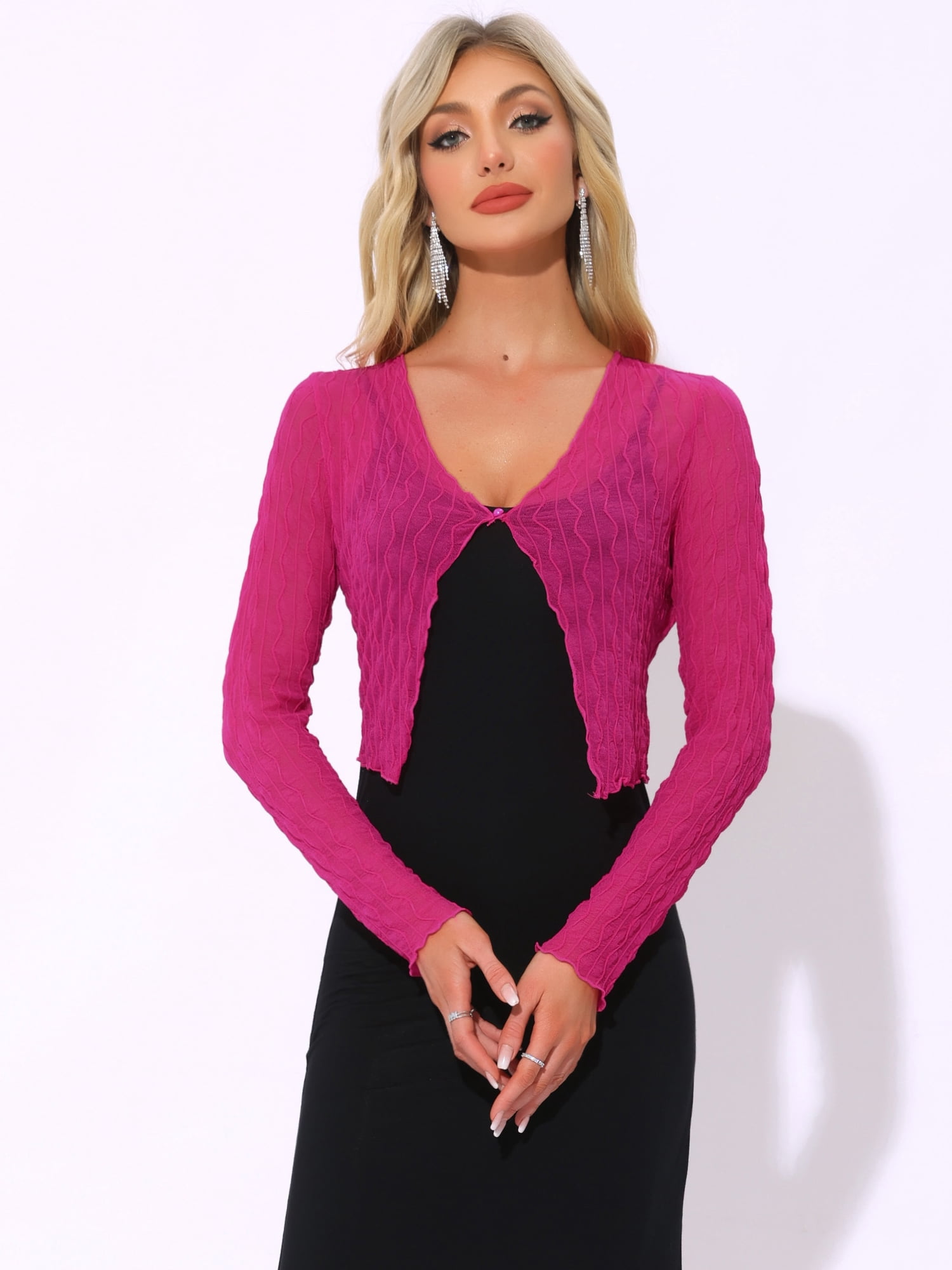 DARING DIVA Women's Bolero Shrug Sheer Mesh Tie Front Textured Crop Shrug L Hot Pink
