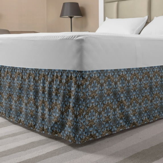 Antique Oriental Bed Skirt, Rhythmic Inspired Grunge Flowers Illustration, Elastic Bedskirt Dust Ruffle Wrap Around for Bedding Decor, 4 Sizes, Pale Sky Blue Pale Sepia, by Ambesonne