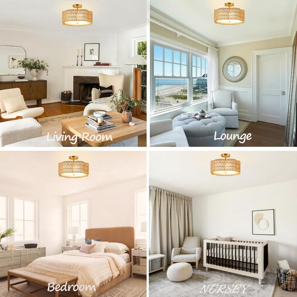 3-Light  Boho Light Fixtures Flush Mount, Rattan Ceiling Light Fixtures Flush Mount Gold for Bedroom, Flower-Shaped Close to Ceiling Light Fixture for Hallway Kitchen