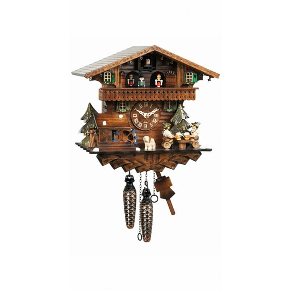 Quartz Cuckoo Clock with Musik Black Forest house with moving beer drinkers and mill wheel