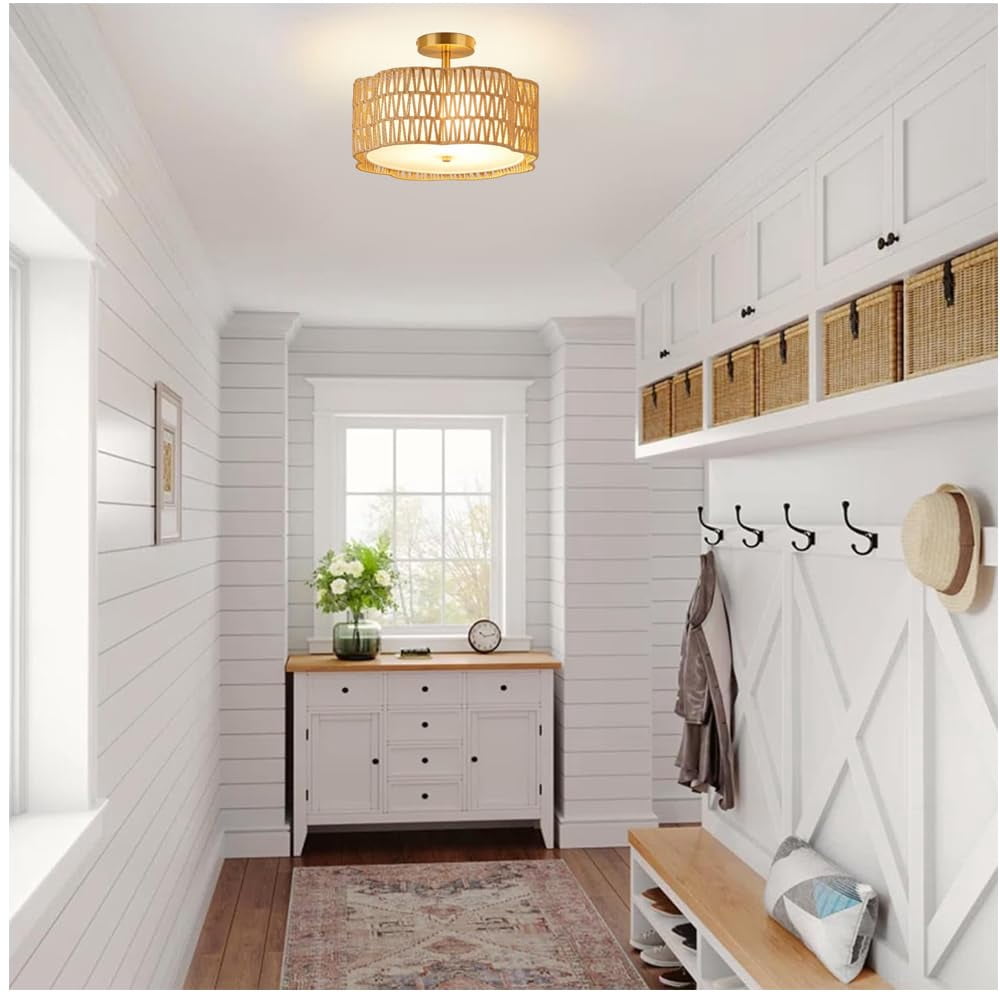 3-Light  Boho Light Fixtures Flush Mount, Rattan Ceiling Light Fixtures Flush Mount Gold for Bedroom, Flower-Shaped Close to Ceiling Light Fixture for Hallway Kitchen