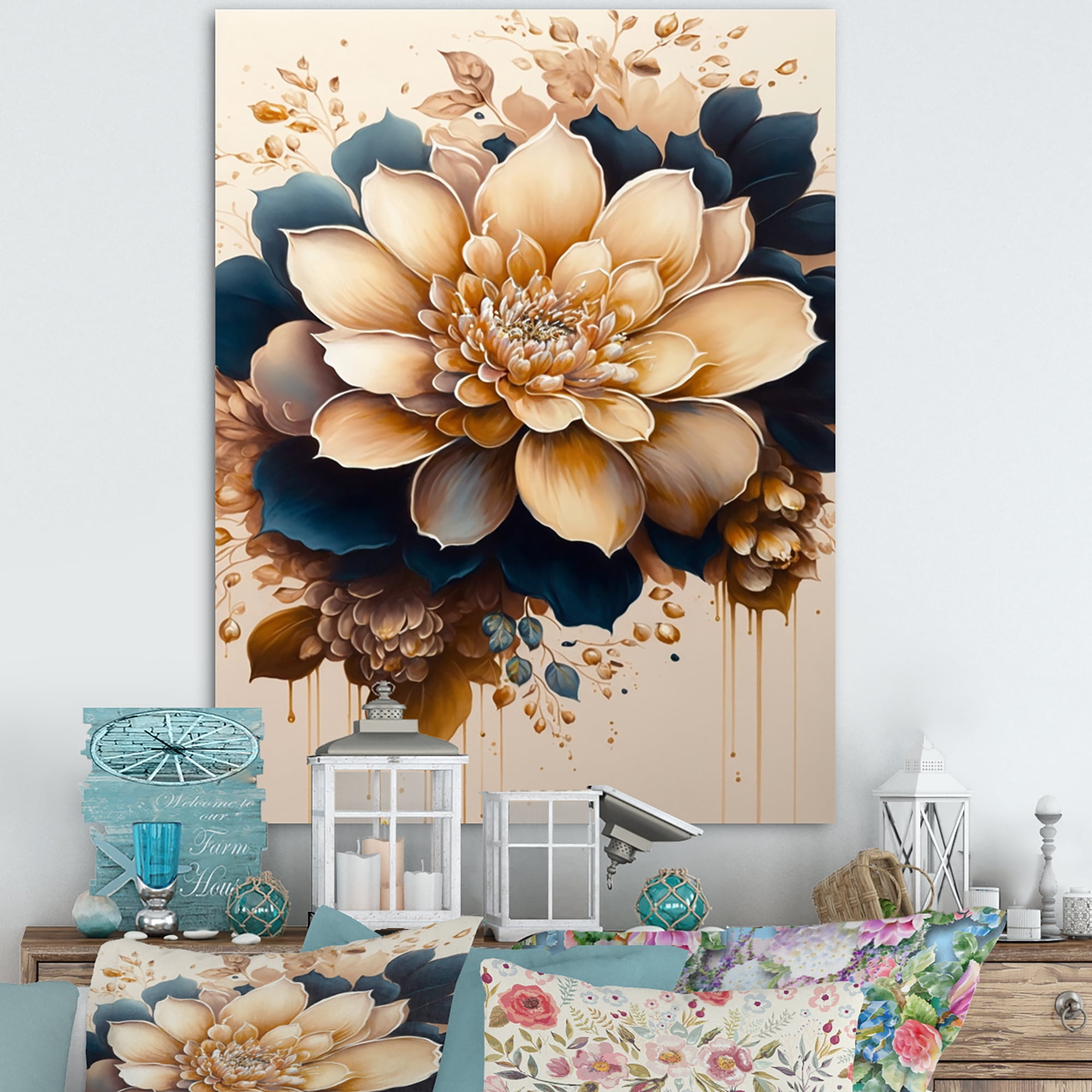 Designart Light Orange And Dark Blue Dhalia III Canvas Wall Art