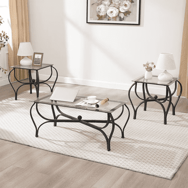 Roninkier Set of 3 Tempered Glass Coffee Table with 1 Table & 2 End Side Table for Living Room