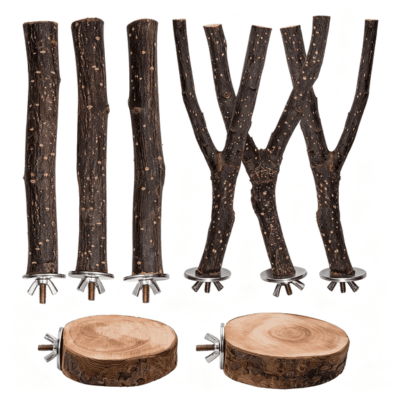 CYFW 8Pcs Bird Perches Set Natural Apple Wood Bird Cage Accessories Wooden Parrot Stand Hardwood Branches for Parakeets,Budgies,Cockatiels Small Bird Habitat Gym,Climbing Stand & Safe Chew Toys