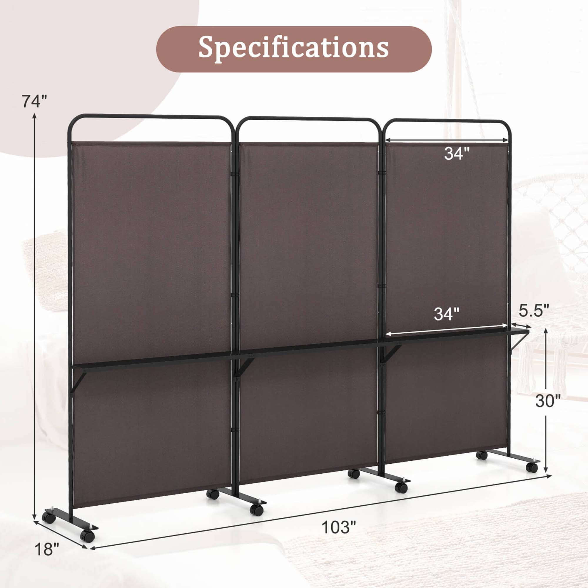 Costway 3-Panel Room Divider with Storage Shelves 6FT Tall Folding Privacy Screen on Wheels Brown