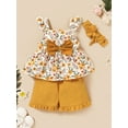 thumbnail image 5 of Mikrdoo Summer Clothes For Baby Girls Floral Print 4 Years Toddler Girls Bow Straps Tops Elastic 5 Years Girls Casual Shorts Headband 3Pcs Outfit Sets Yellow, 5 of 10