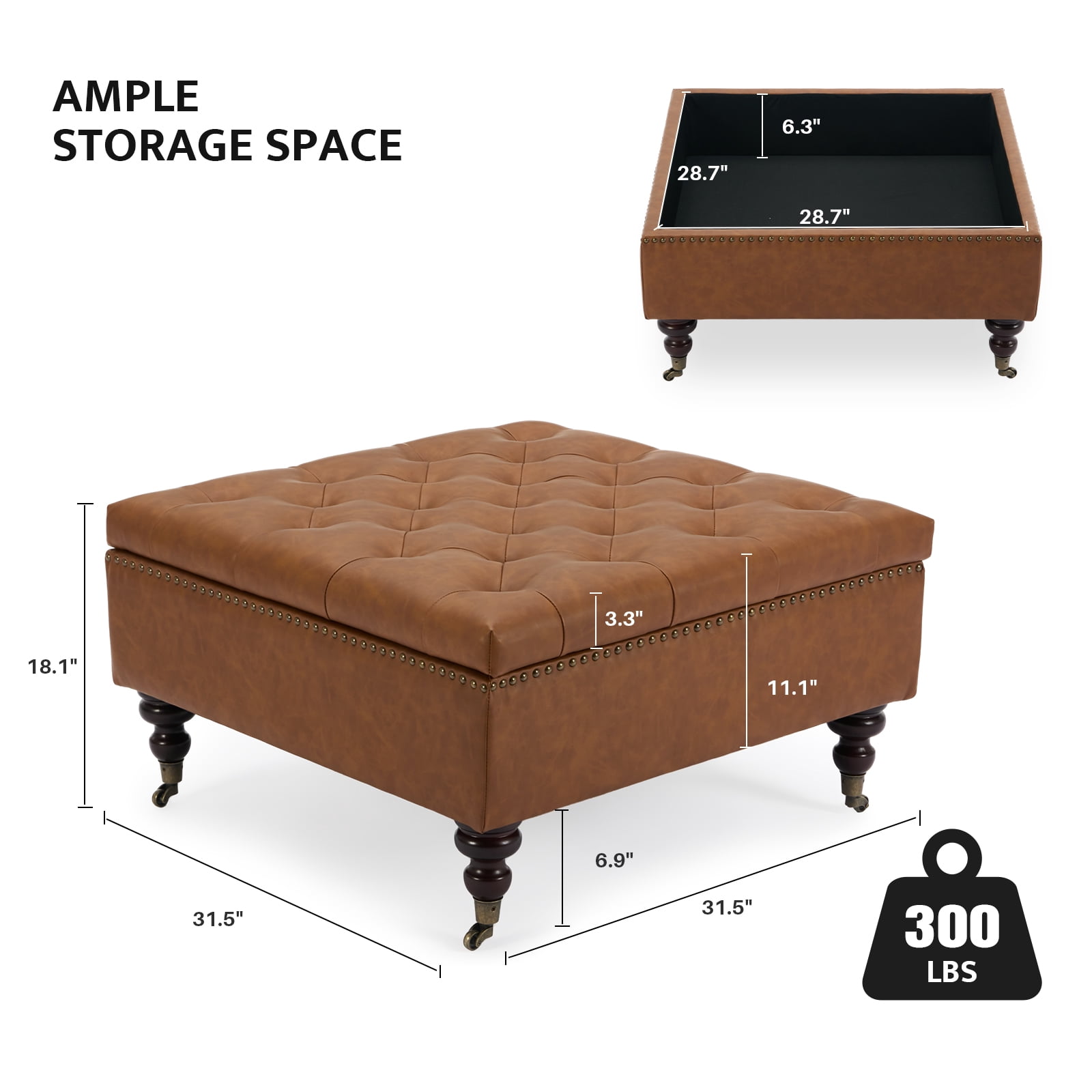 BRILHAMEZ Storage Ottoman Bench, Tufted Upholstered Seat with Hidden Storage, Multi-Functional Coffee Table and Foot Rest for Living Room, Brown