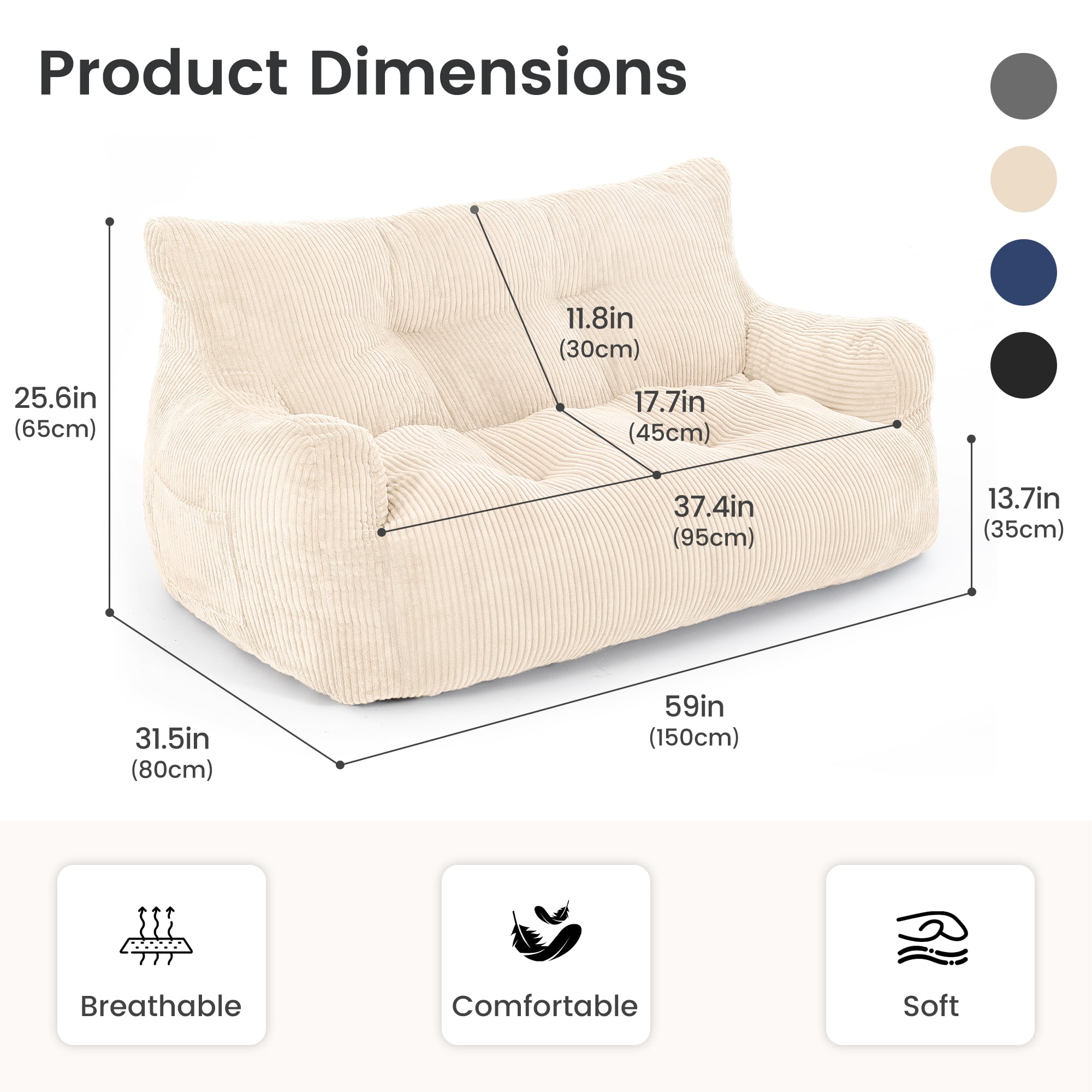2-Person Foam Filled Bean Bag Chair, Plush Corduroy Lazy Sofa