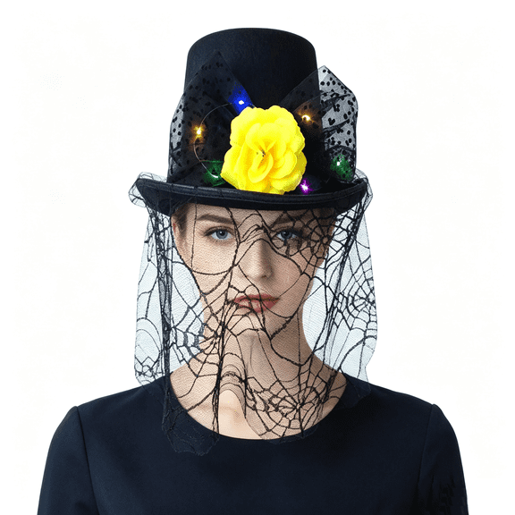 QSAWXQZ Women's Halloween Top Hat Tall Crown Wide Brim Mesh Veil Feather Masquerade Stage Party Headwear Free Size