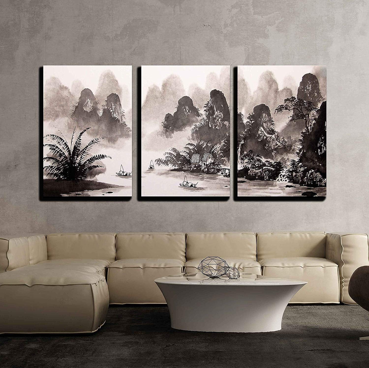 wall26-3 Piece Canvas Wall Art - Chinese Landscape Watercolor Painting ...