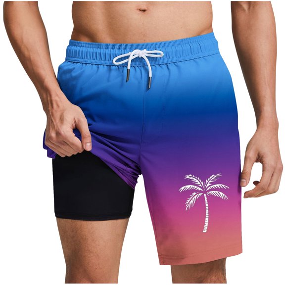 USNSM Men's Gradient Coconut Print Pocket Elastic Waist Drawstring Beach Pants Lined Shorts Hawaiian Beach Shorts with Pockets Blue XL