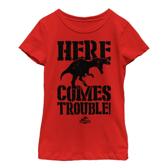 Girl's Jurassic Park Here Comes Trouble Graphic Tee Red Medium